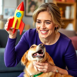 A woman with a genuine smile, gracefully holding a colorful toy rocket, interactively playing with a lively dog