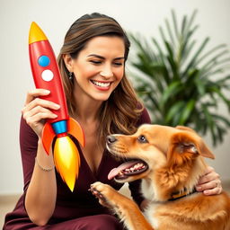 A woman with a genuine smile, gracefully holding a colorful toy rocket, interactively playing with a lively dog