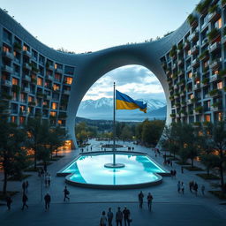 A bionic building with a futuristic, winding, and irregular shape, featuring a large opening that mirrors the shape of Ukraine as depicted on geographical maps