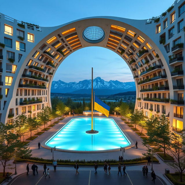 A bionic building with a futuristic, winding, and irregular shape, featuring a large opening that mirrors the shape of Ukraine as depicted on geographical maps