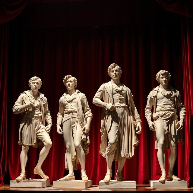 Plaster statues of four young adults on a theater stage, each captured in dynamic and grandiose poses