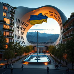 A bionic building with a futuristic, winding, and irregular shape, featuring a large opening that mirrors the shape of Ukraine as depicted on geographical maps