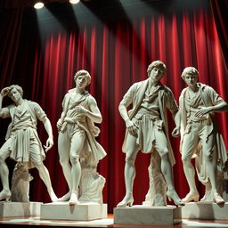 Plaster statues of four young adults on a theater stage, each captured in dynamic and grandiose poses