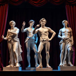 Plaster statues of four young adults on a theater stage, each captured in dynamic and grandiose poses