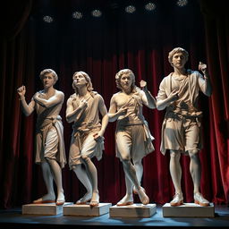 Plaster statues of four young adults on a theater stage, each captured in dynamic and grandiose poses