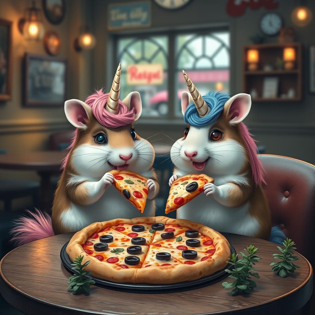 Two unicorn hamsters sitting in a café eating pizza, with whimsical horns and colorful, fluffy fur