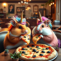 Two unicorn hamsters sitting in a café eating pizza, with whimsical horns and colorful, fluffy fur