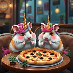 Two unicorn hamsters sitting in a café eating pizza, with whimsical horns and colorful, fluffy fur