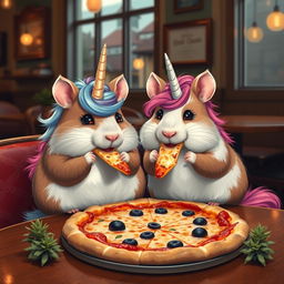 Two unicorn hamsters sitting in a café eating pizza, with whimsical horns and colorful, fluffy fur