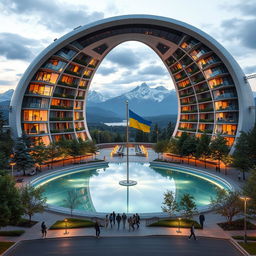 A bionic building with a futuristic, winding, irregular shape, featuring a large opening that mirrors the shape of Ukraine as depicted on geographical maps