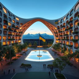 A bionic building with a futuristic, winding, irregular shape, featuring a large opening that mirrors the shape of Ukraine as depicted on geographical maps