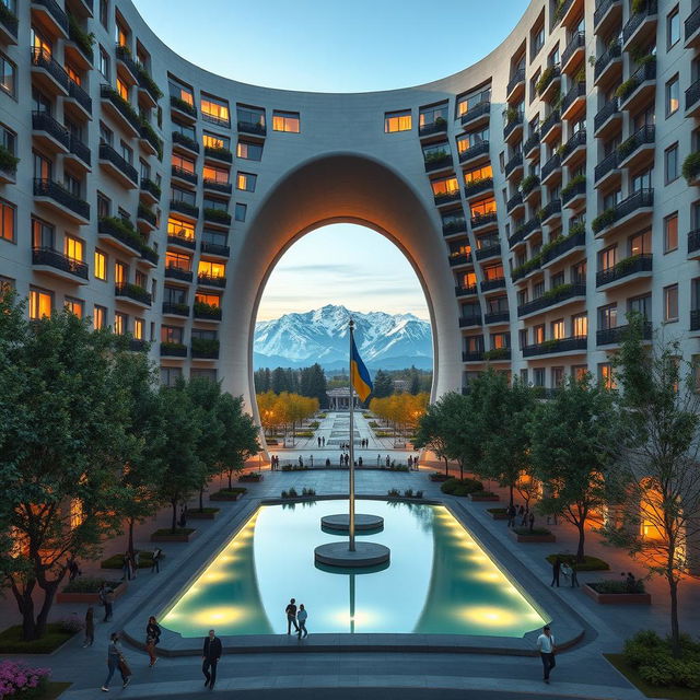 A bionic building with a futuristic, winding, irregular shape, featuring a large opening that mirrors the shape of Ukraine as depicted on geographical maps