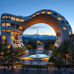 A bionic building with a futuristic, winding, irregular shape, featuring a large opening that mirrors the shape of Ukraine as depicted on geographical maps