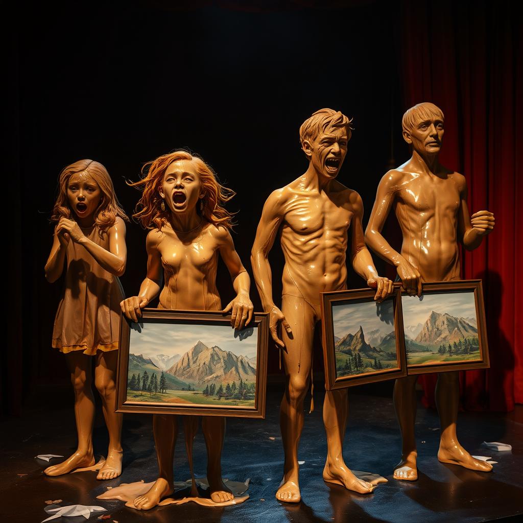 Melting wax statues of two horrified young females and two horrified young males on a theater stage, each holding artboards displaying intricate landscape paintings