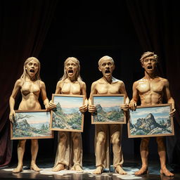 Melting wax statues of two horrified young females and two horrified young males on a theater stage, each holding artboards displaying intricate landscape paintings