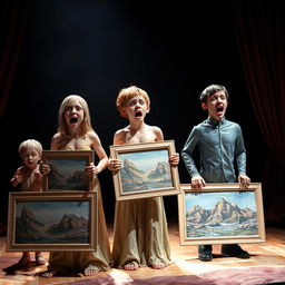 Melting wax statues of two horrified young females and two horrified young males on a theater stage, each holding artboards displaying intricate landscape paintings