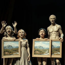 Melting wax statues of two horrified young females and two horrified young males on a theater stage, each holding artboards displaying intricate landscape paintings