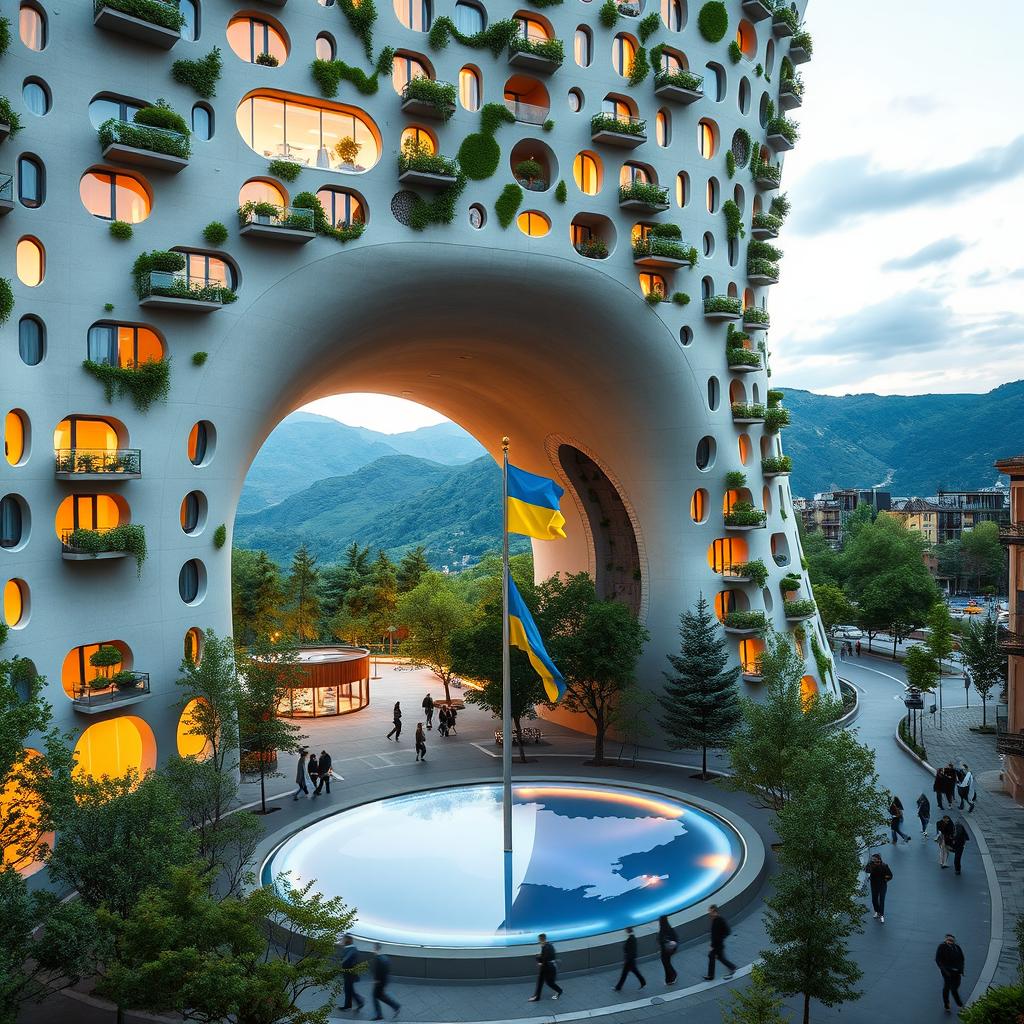 A bionic building with a futuristic, winding, irregular shape features a large opening resembling the map of Ukraine, serving as a passage for people