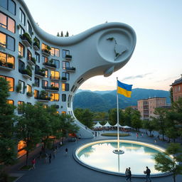 A bionic building with a futuristic, winding, irregular shape features a large opening resembling the map of Ukraine, serving as a passage for people