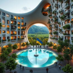 A bionic building with a futuristic, winding, irregular shape features a large opening resembling the map of Ukraine, serving as a passage for people