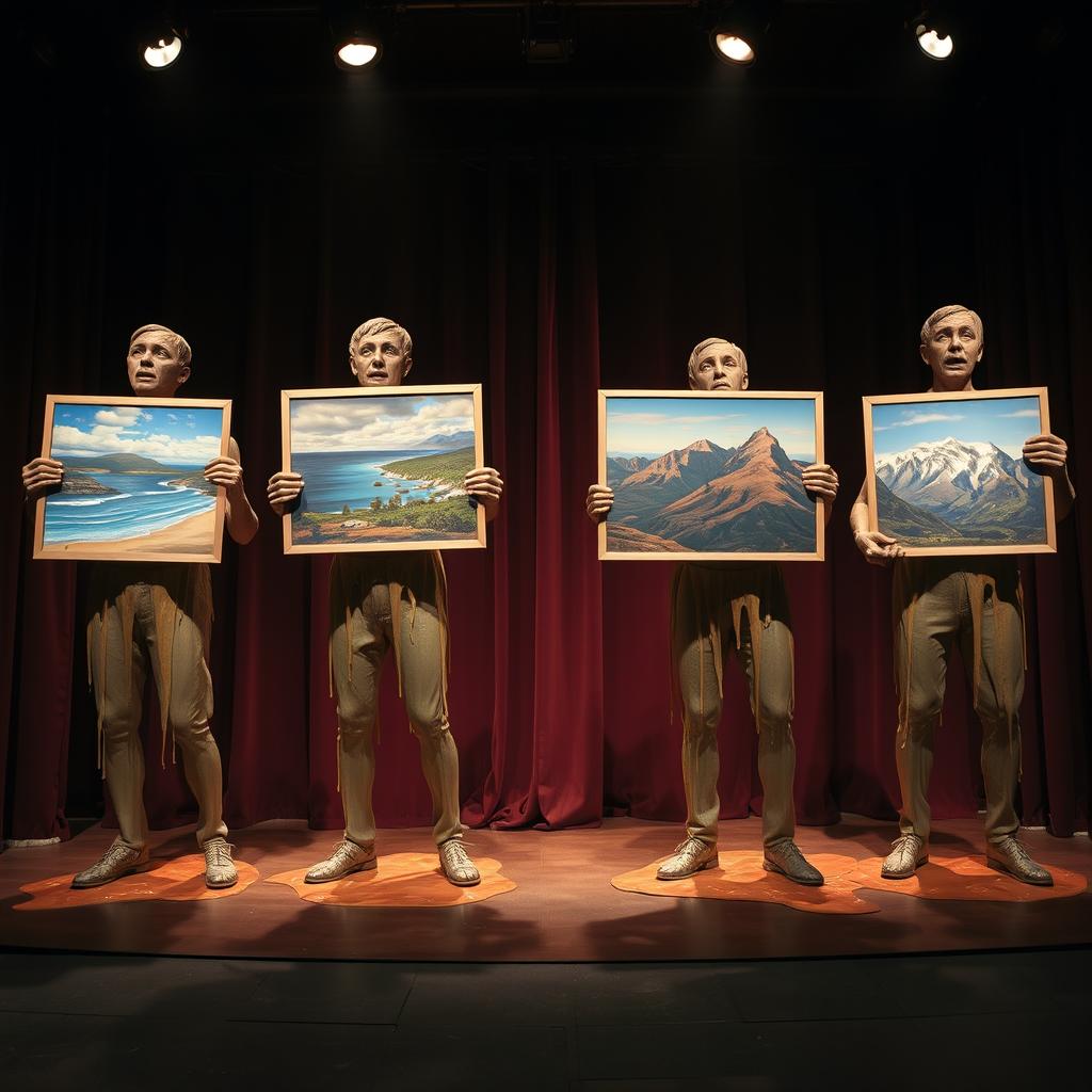 Melting wax statues of four scared adults on a large theater stage, each holding artboards that showcase a variety of landscape paintings