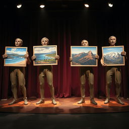 Melting wax statues of four scared adults on a large theater stage, each holding artboards that showcase a variety of landscape paintings