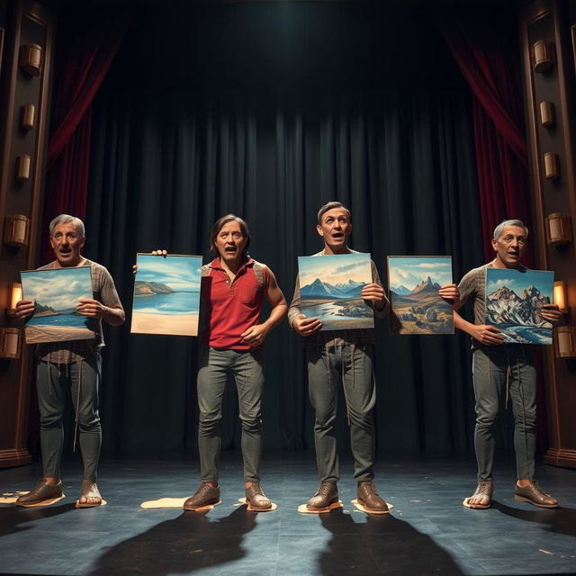 Melting wax statues of four scared adults on a large theater stage, each holding artboards that showcase a variety of landscape paintings