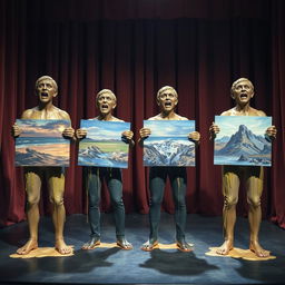 Melting wax statues of four scared adults on a large theater stage, each holding artboards that showcase a variety of landscape paintings