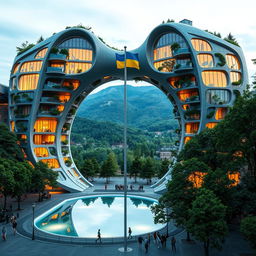 A bionic building with a futuristic, winding, and irregular shape