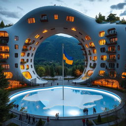 A bionic building with a futuristic, winding, and irregular shape