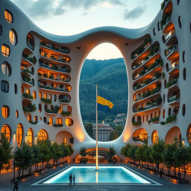 A bionic building with a futuristic, winding, and irregular shape