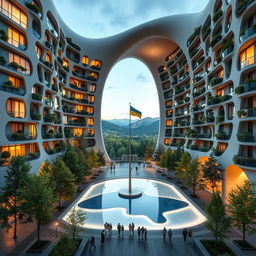 A bionic building with a futuristic, winding, irregular shape, featuring a large opening that resembles the outline of Ukraine on a map