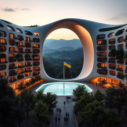 A bionic building with a futuristic, winding, irregular shape, featuring a large opening that resembles the outline of Ukraine on a map