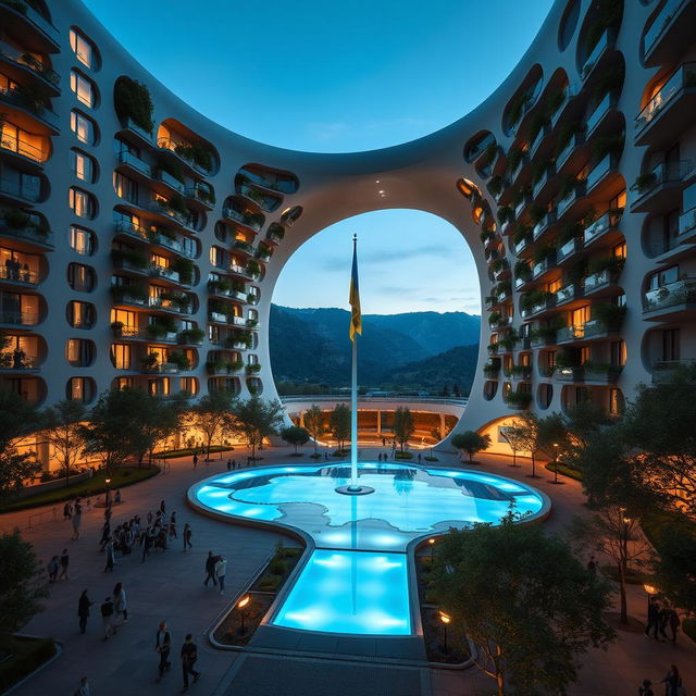 A bionic building with a futuristic, winding, irregular shape, featuring a large opening that resembles the outline of Ukraine on a map