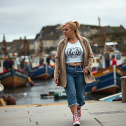 A curvy and chubby blonde 40-year-old woman with her hair in a ponytail, dressed in a white graphic print racer neck crop top, paired with a mink textured wool-look oversized blazer