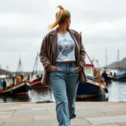 A curvy and chubby blonde 40-year-old woman with her hair in a ponytail, dressed in a white graphic print racer neck crop top, paired with a mink textured wool-look oversized blazer