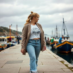 A curvy and chubby blonde 40-year-old woman with her hair in a ponytail, dressed in a white graphic print racer neck crop top, paired with a mink textured wool-look oversized blazer