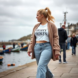 A curvy and chubby blonde 40-year-old woman with her hair in a ponytail, dressed in a white graphic print racer neck crop top, paired with a mink textured wool-look oversized blazer