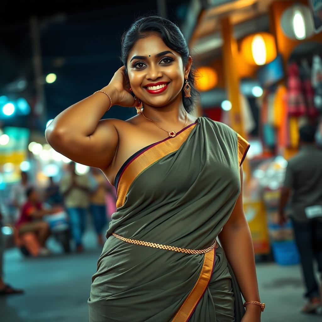 a curvy and attractive Indian lady with a wide hip is standing in a public market at night