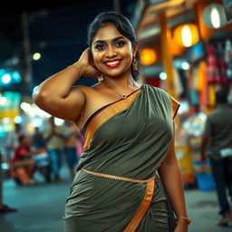 a curvy and attractive Indian lady with a wide hip is standing in a public market at night