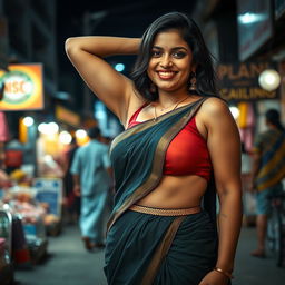 a curvy and attractive Indian lady with a wide hip is standing in a public market at night