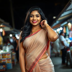 a curvy and attractive Indian lady with a wide hip is standing in a public market at night