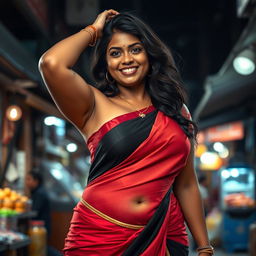 a curvy and attractive Indian lady with a wide hip is standing in a public market at night