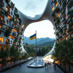 A super realistic depiction of a bionic building with a futuristic, twisting, and irregular shape, featuring a large opening that forms the visual outline of the map of Ukraine, easily recognizable to onlookers