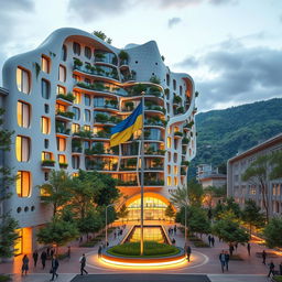 A super realistic depiction of a bionic building with a futuristic, twisting, and irregular shape, featuring a large opening that forms the visual outline of the map of Ukraine, easily recognizable to onlookers