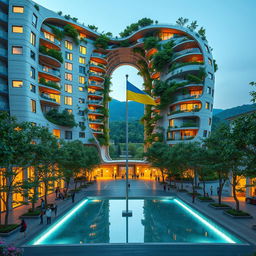 A super realistic depiction of a bionic building with a futuristic, twisting, and irregular shape, featuring a large opening that forms the visual outline of the map of Ukraine, easily recognizable to onlookers