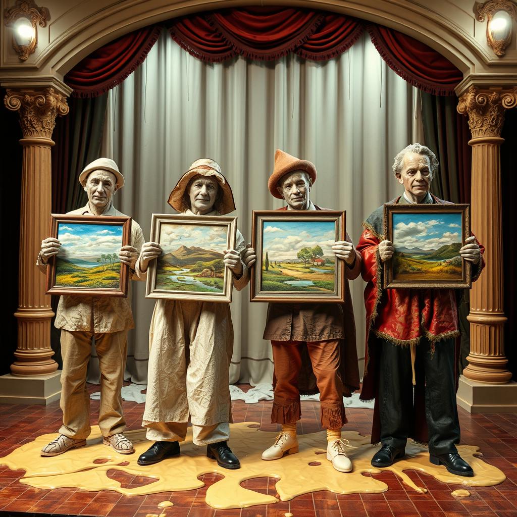 melting plaster statues of four adults dressed in various crude costumes, each holding an artboard displaying a different landscape painting