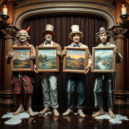 melting plaster statues of four adults dressed in various crude costumes, each holding an artboard displaying a different landscape painting