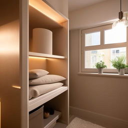 An aesthetic and beautifully designed small room with optimal use of space, incorporating warm lighting, delightful color palette and cozy furniture.