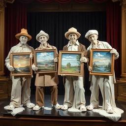 melting plaster statues of four adults dressed in various crude costumes, each holding an artboard displaying a different landscape painting